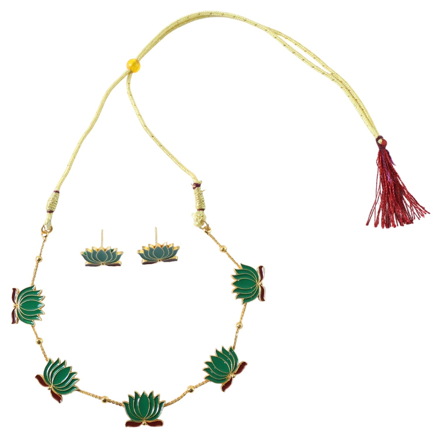 Festive wear green lotus design necklace with stud earrings set