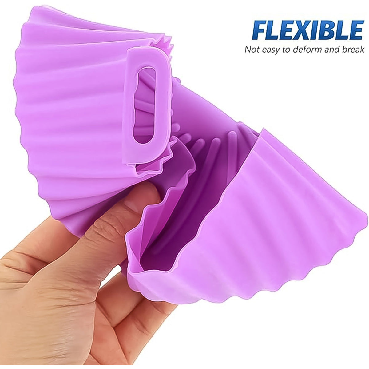 A hand demonstrates the flexibility of a purple silicone air fryer pot, showing its wavy sides and handles.