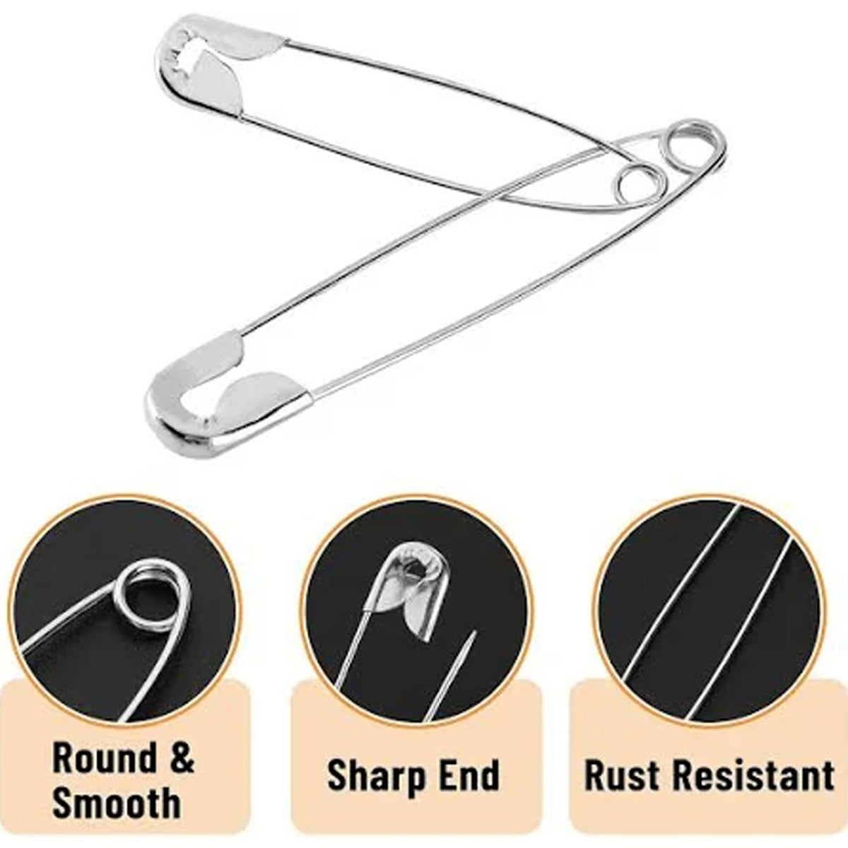 Two silver safety pins with three circular insets highlighting their round, sharp, and rust-resistant features.