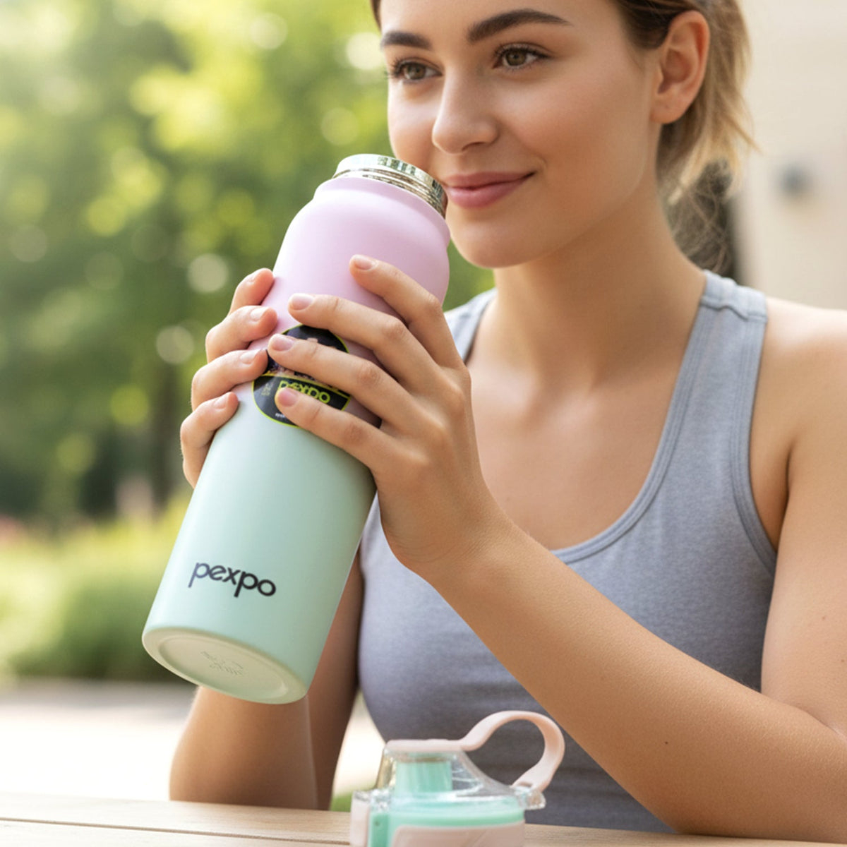 A pink and green gradient water bottle with a clear lid and a beige handle, shown on a white background.