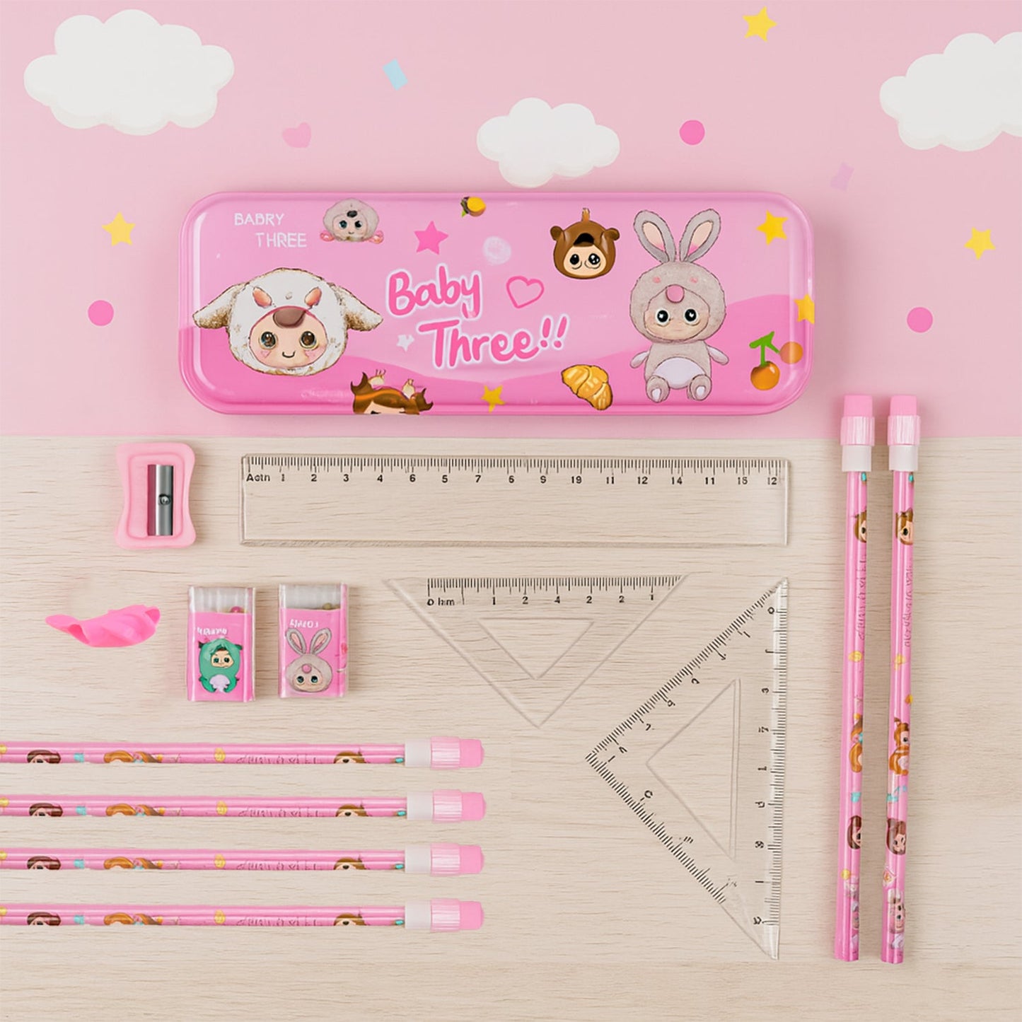 Cute cartoon stationery gift set featuring pencils, erasers, and sharpener for kids