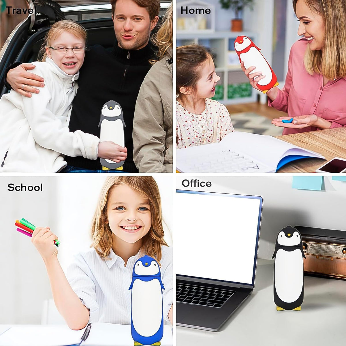 Four lifestyle shots showing the penguin water bottle used for travel, home, school, and office settings.
