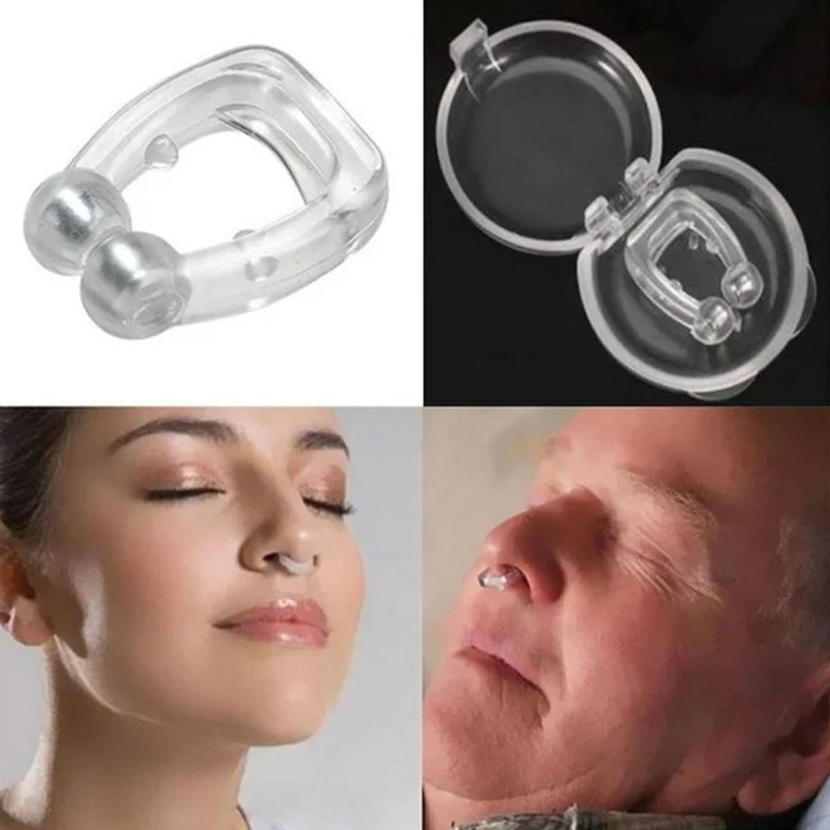 A collage showing the clear silicone anti-snore nose clip, its case, and close-ups of a woman and man wearing it.