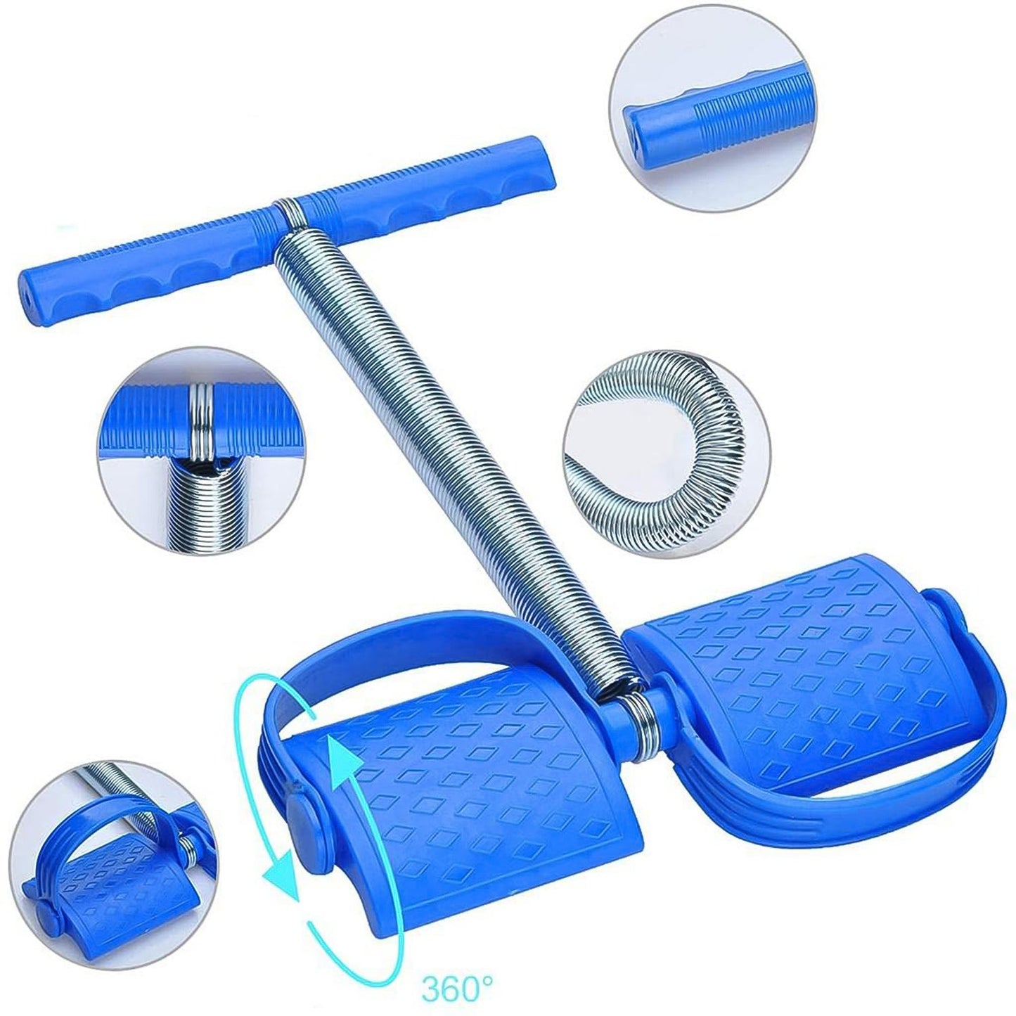 A blue foot pedal exerciser with a metal spring is shown with close-up insets of its handle, spring, and rotating foot