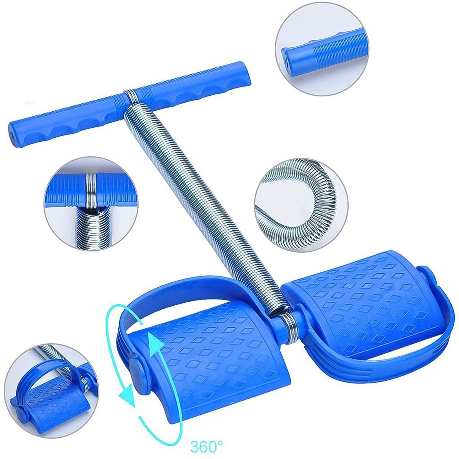 A blue foot pedal exerciser with a metal spring is shown with close-up insets of its handle, spring, and rotating foot