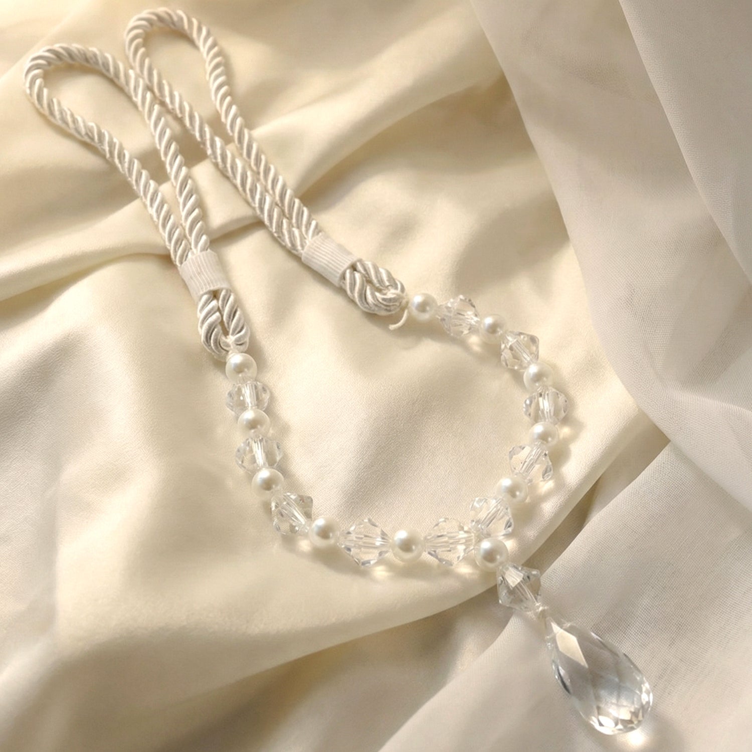 Glamorous crystal beaded curtain tieback in closeup