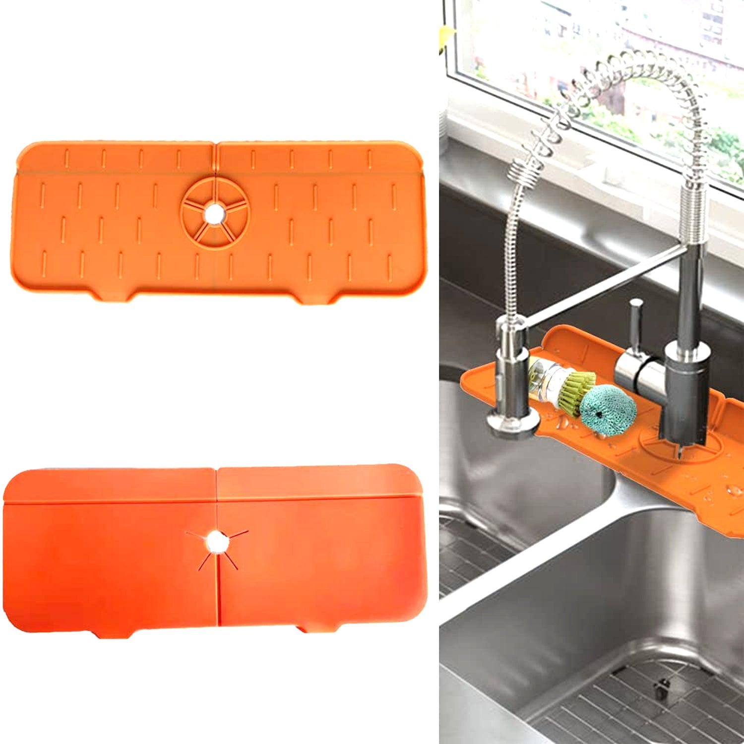 Two orange silicone faucet splash guards, one with a brush, next to a kitchen sink with a spring faucet.