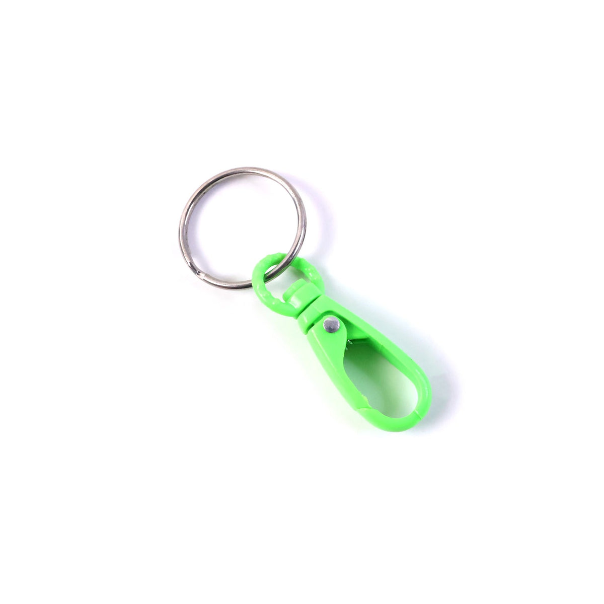A single bright green plastic carabiner keychain with a silver ring on a plain white background.