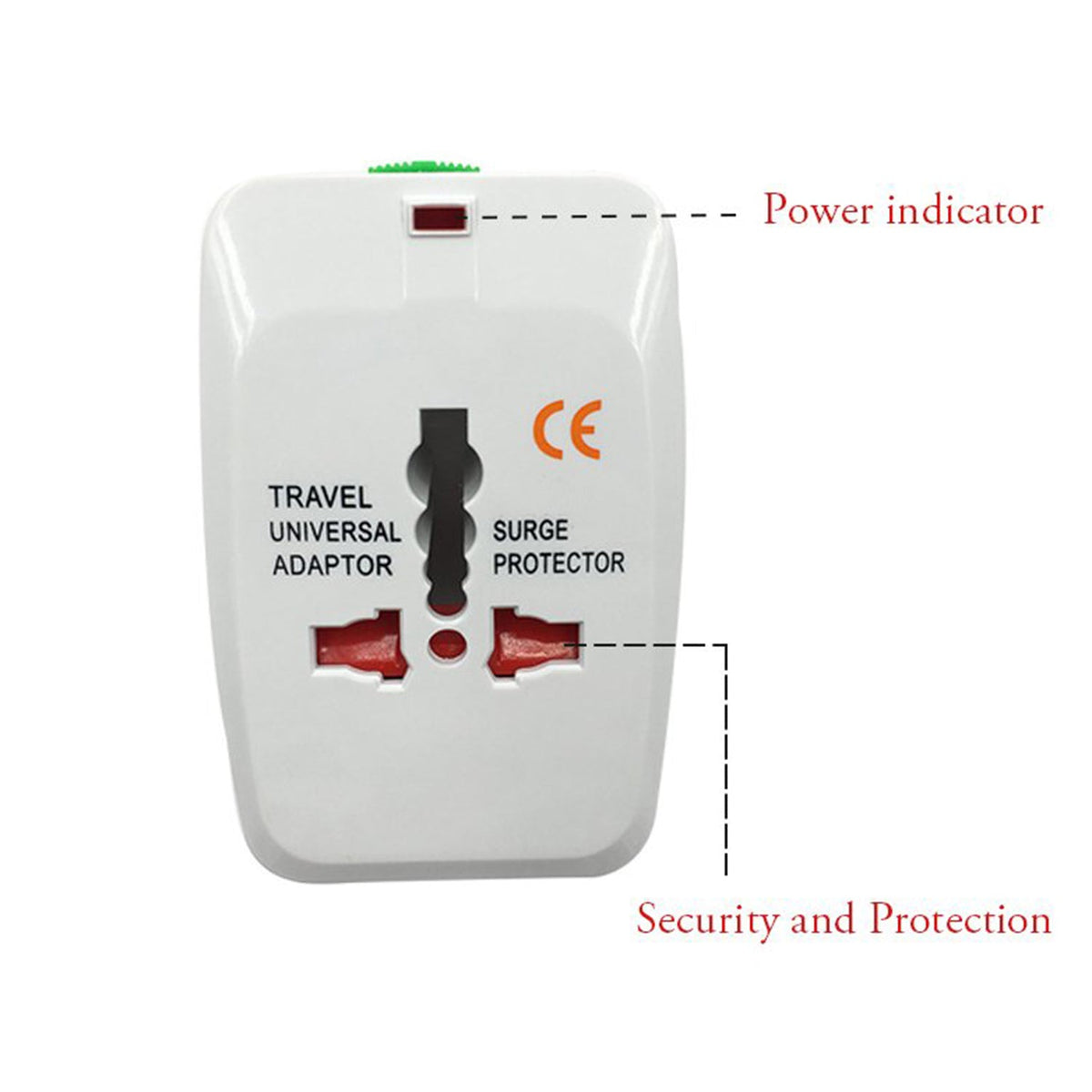 Close-up of the white universal travel adapter's front, highlighting the power indicator and security features.