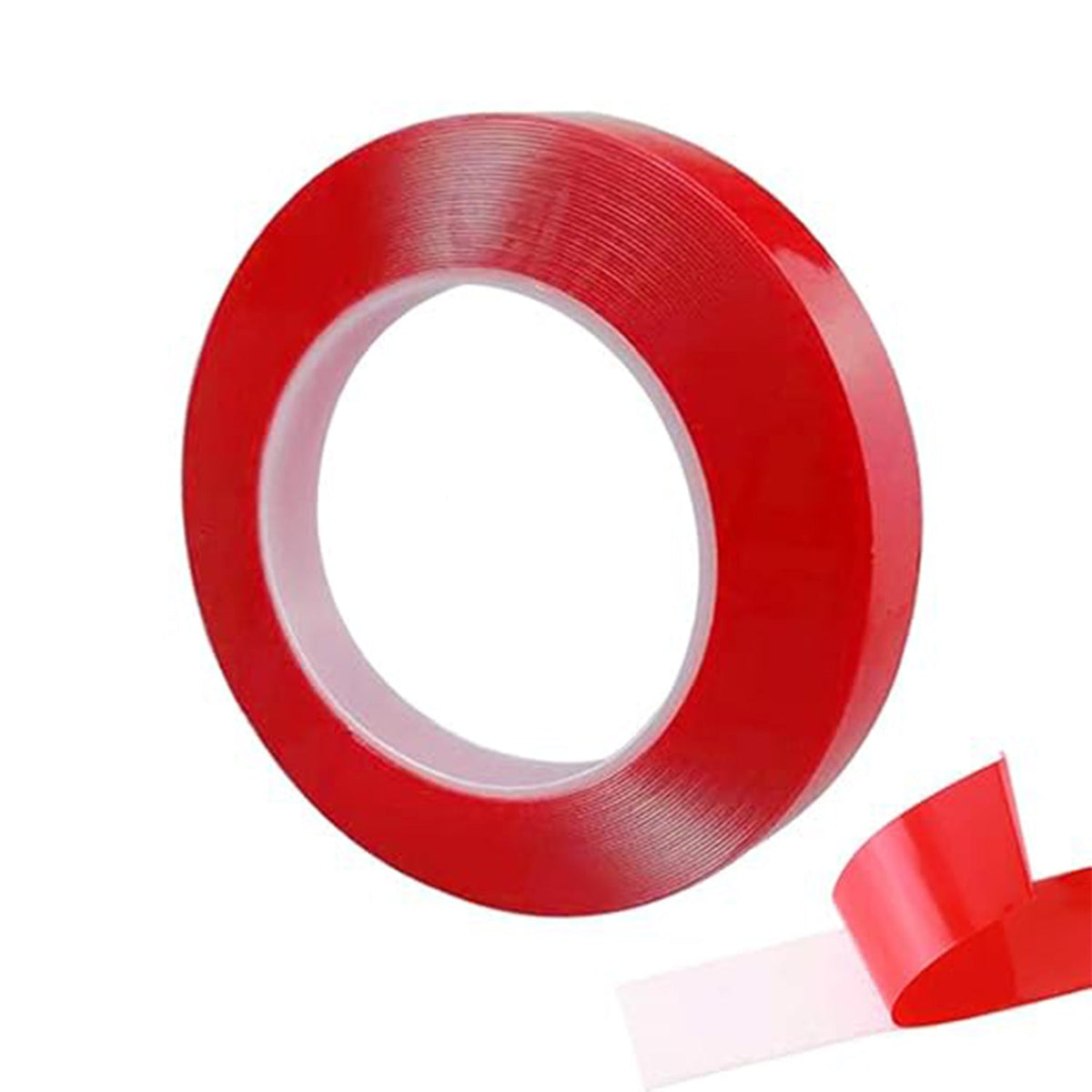 A roll of clear tape with a red liner is shown on a white background, with a piece of the liner peeled back.
