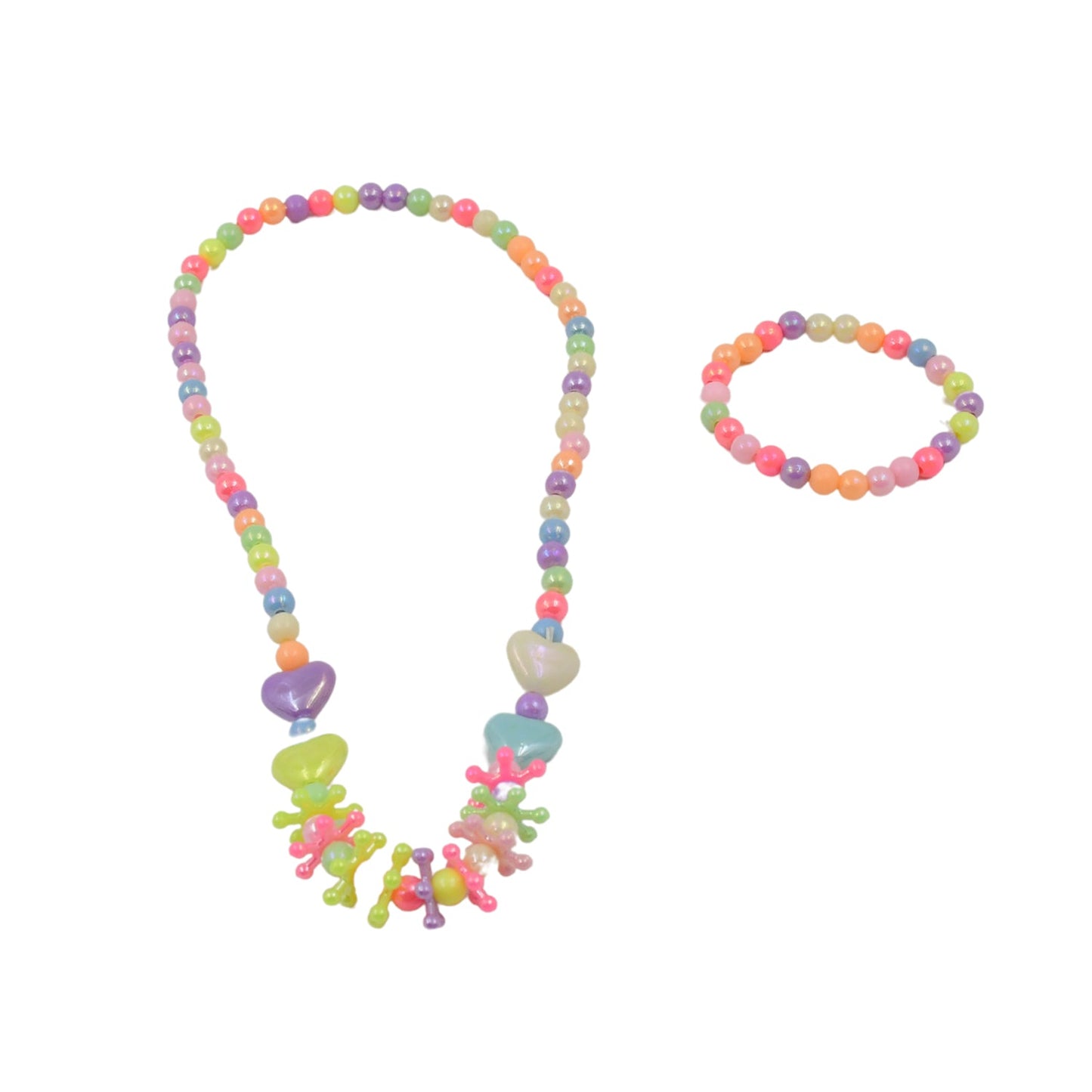 A colorful beaded necklace and a matching bracelet are displayed side-by-side on a plain white background.
