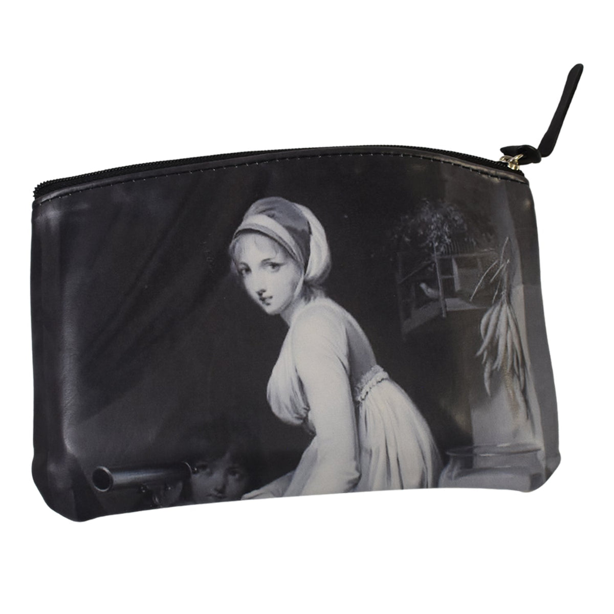 Black cosmetic bag with a classical portrait of a woman, isolated on a white background.