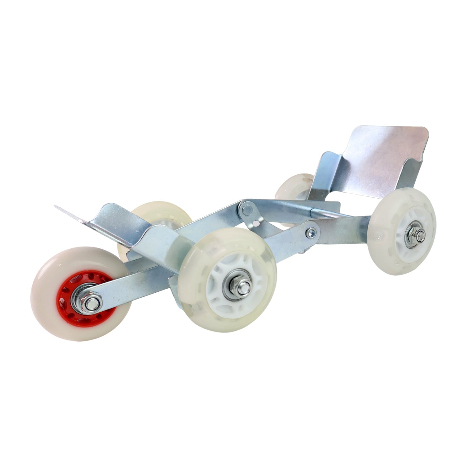 A silver metal roller stand with four white wheels and red accents is isolated on a white background.