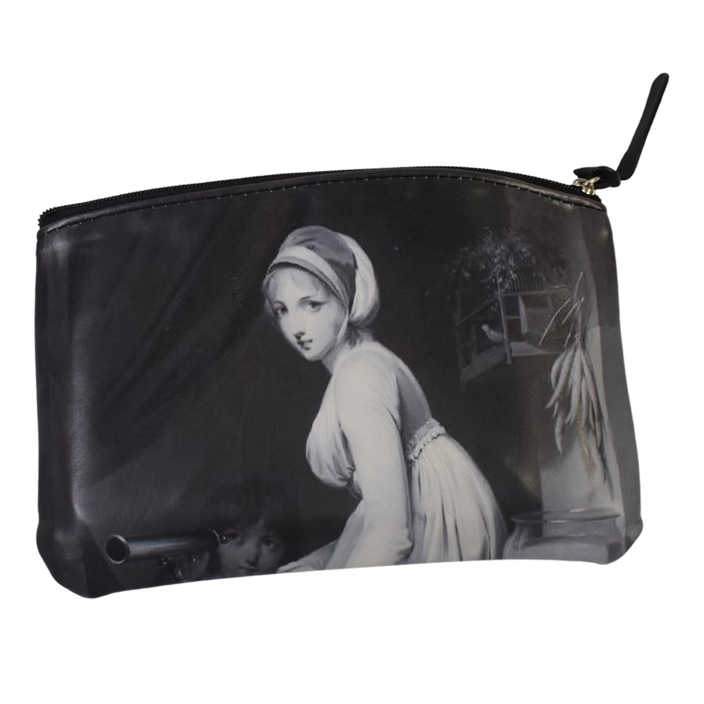 A black travel pouch with a classic painting, shown in its plastic packaging on a textured orange surface.