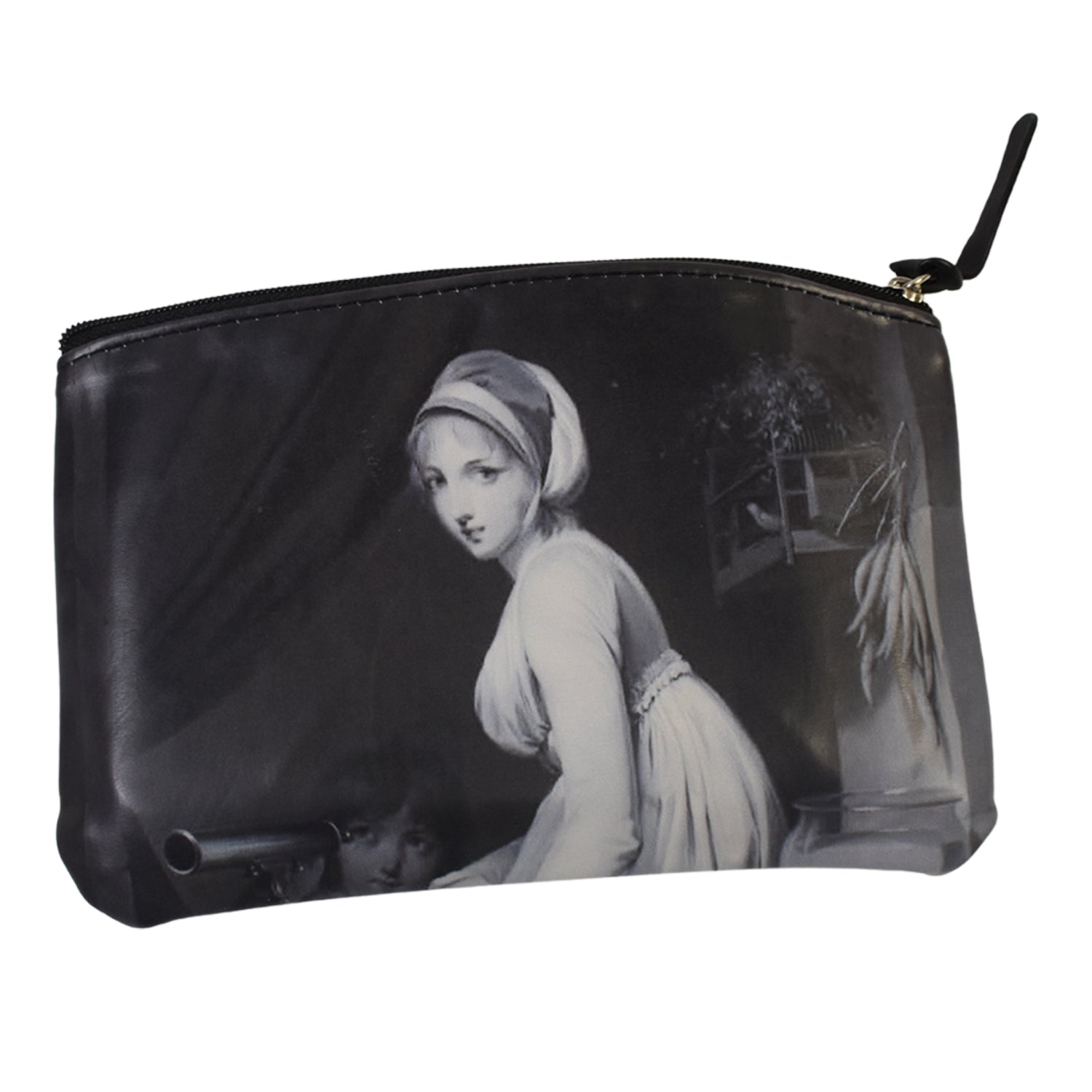 A black travel pouch with a classic painting, shown in its plastic packaging on a textured orange surface.