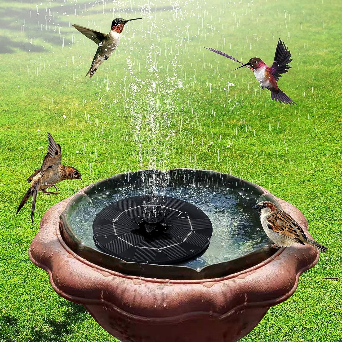 Solar spray fountain kit with multiple nozzles for outdoor water decoration