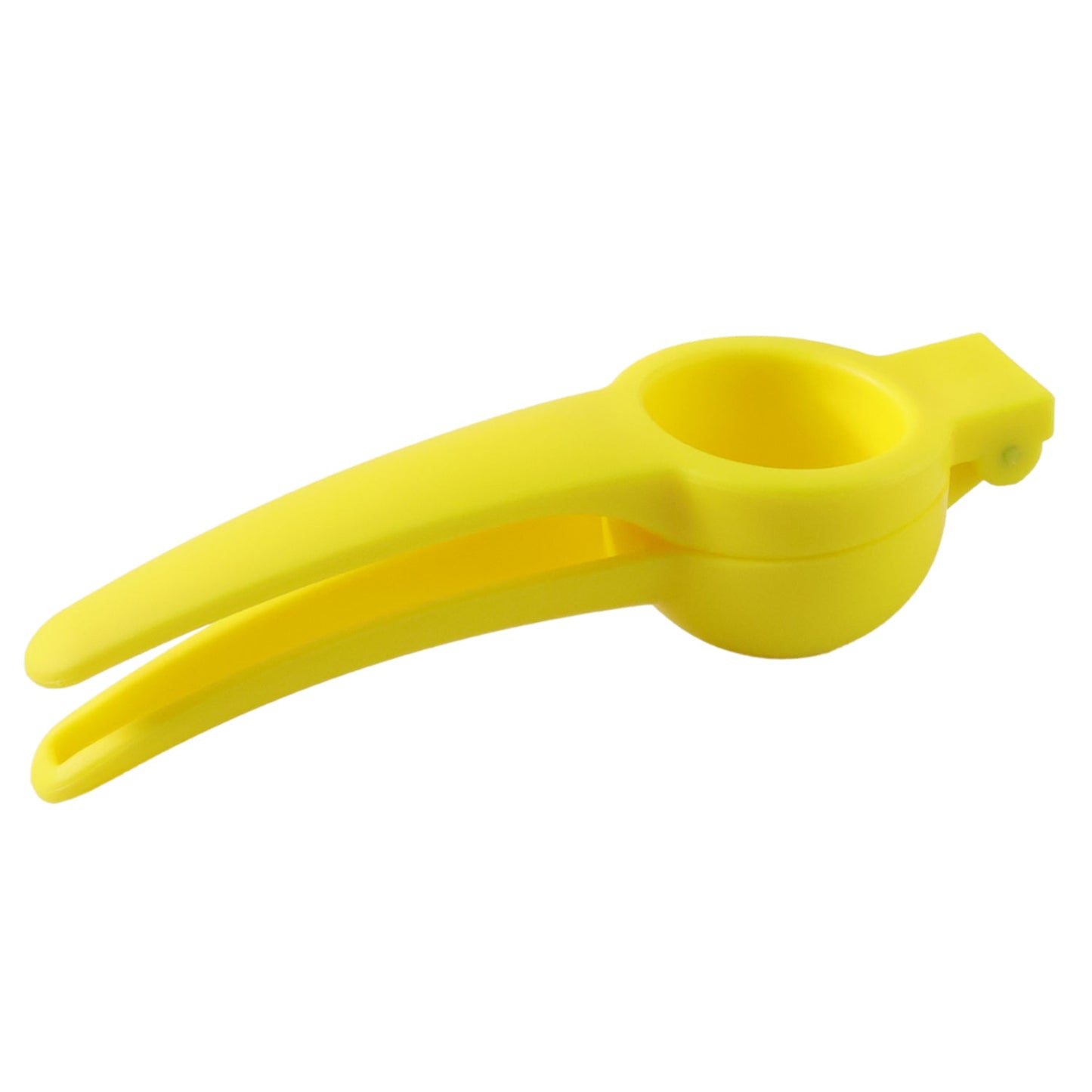Yellow lemon squeezer on a dark countertop with a cut lemon, a salt-rimmed glass, and a metal shaker.