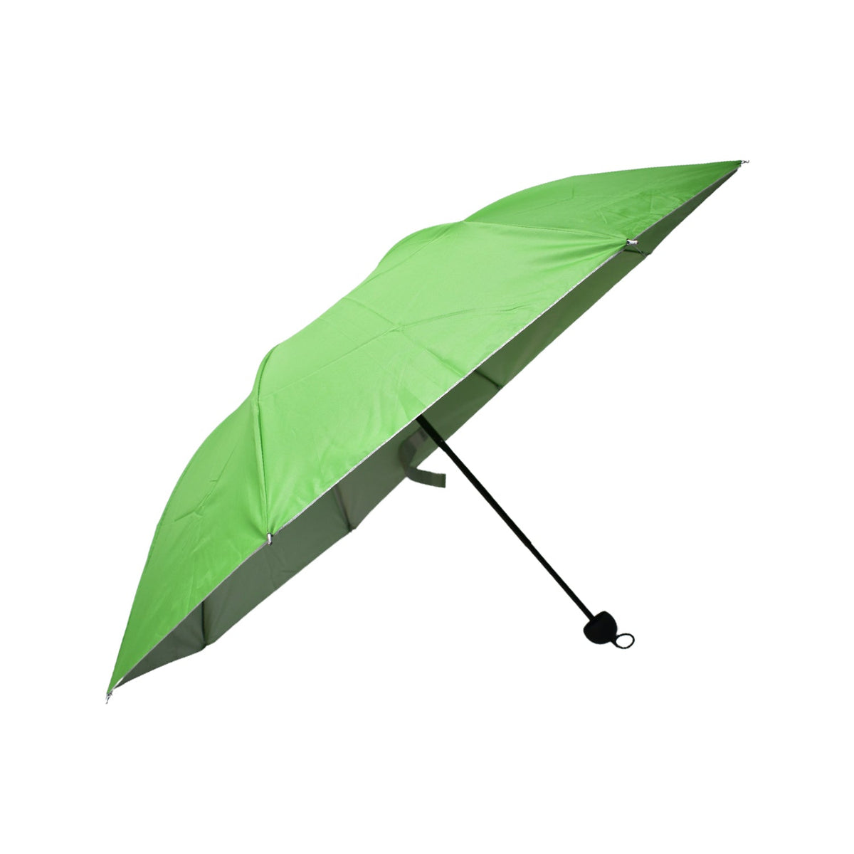 A green umbrella with a black handle is open, showcasing its simple design on a white background.