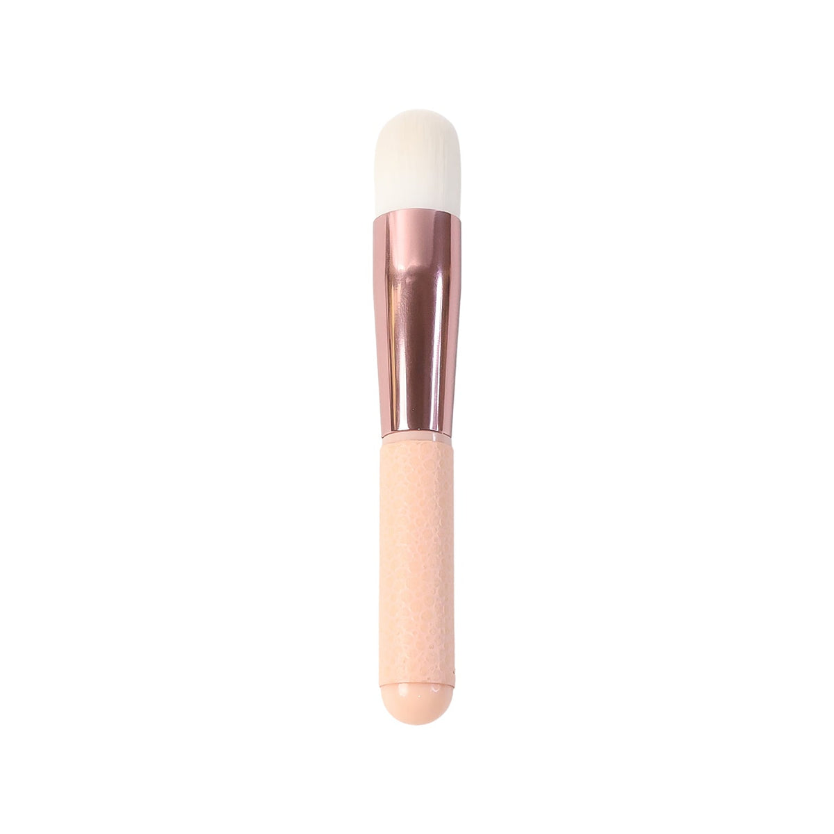 A pink and rose gold makeup brush with a white brush head, centered on a white background.
