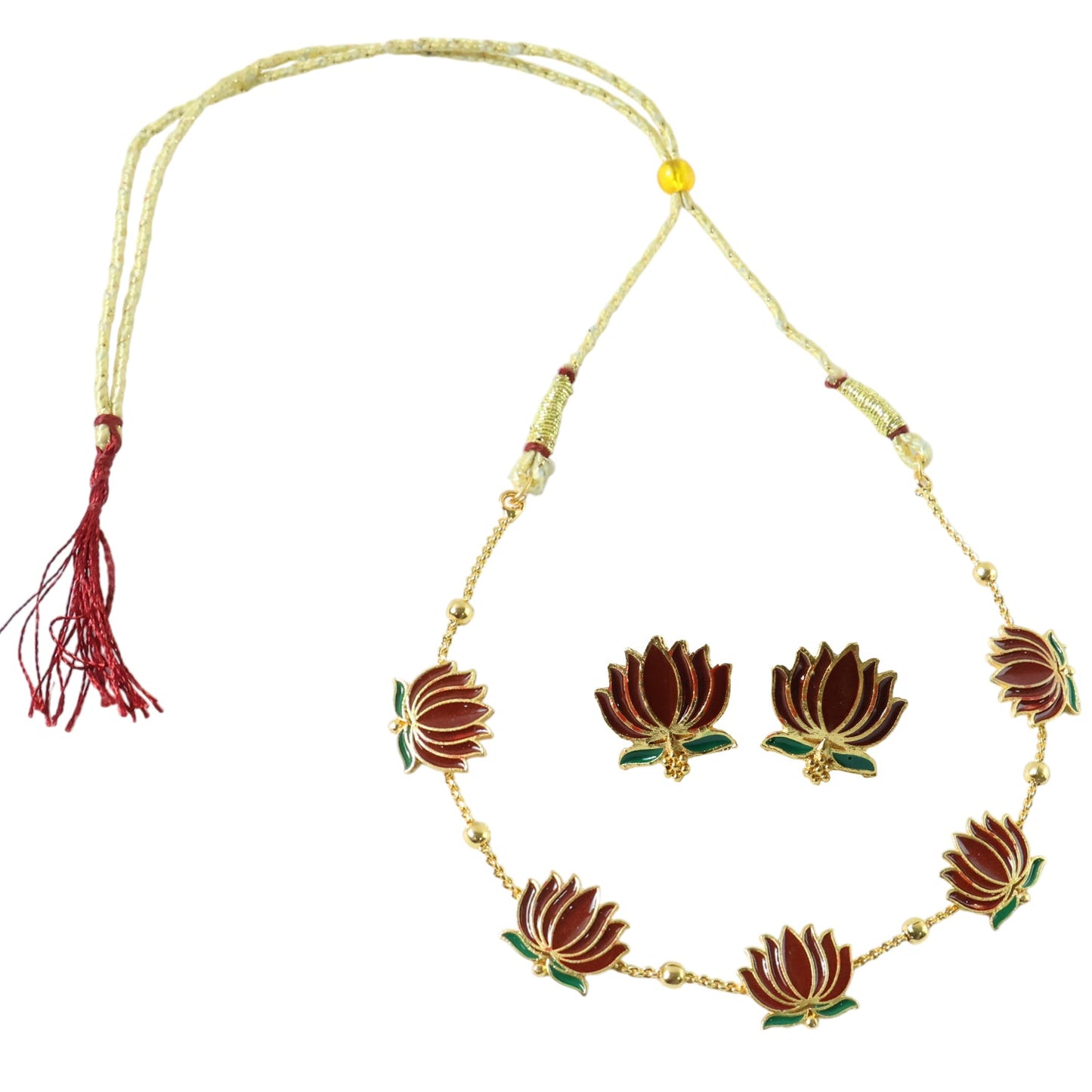 Adjustable lotus design necklace paired with stud earrings for weddings