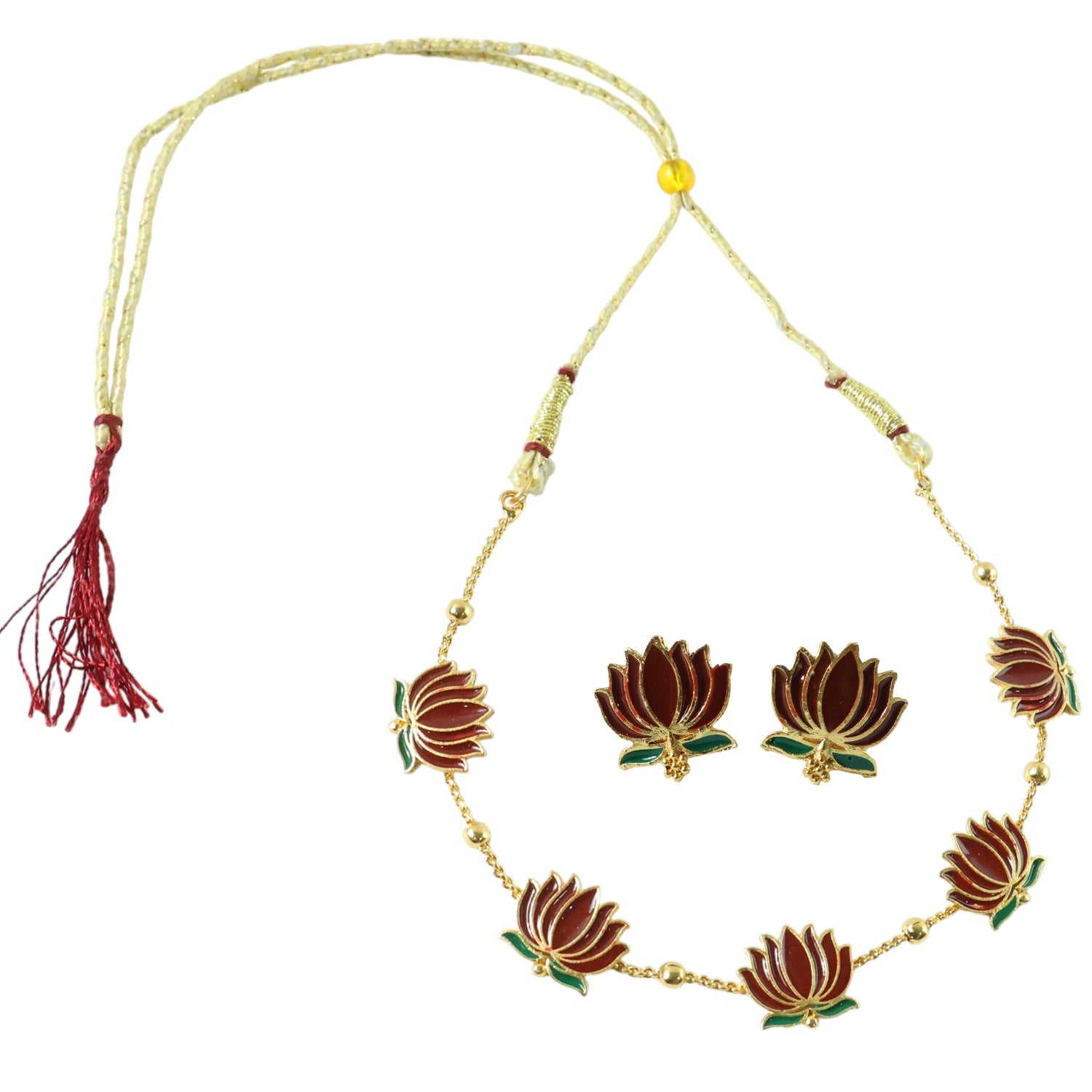 Adjustable lotus design necklace paired with stud earrings for weddings