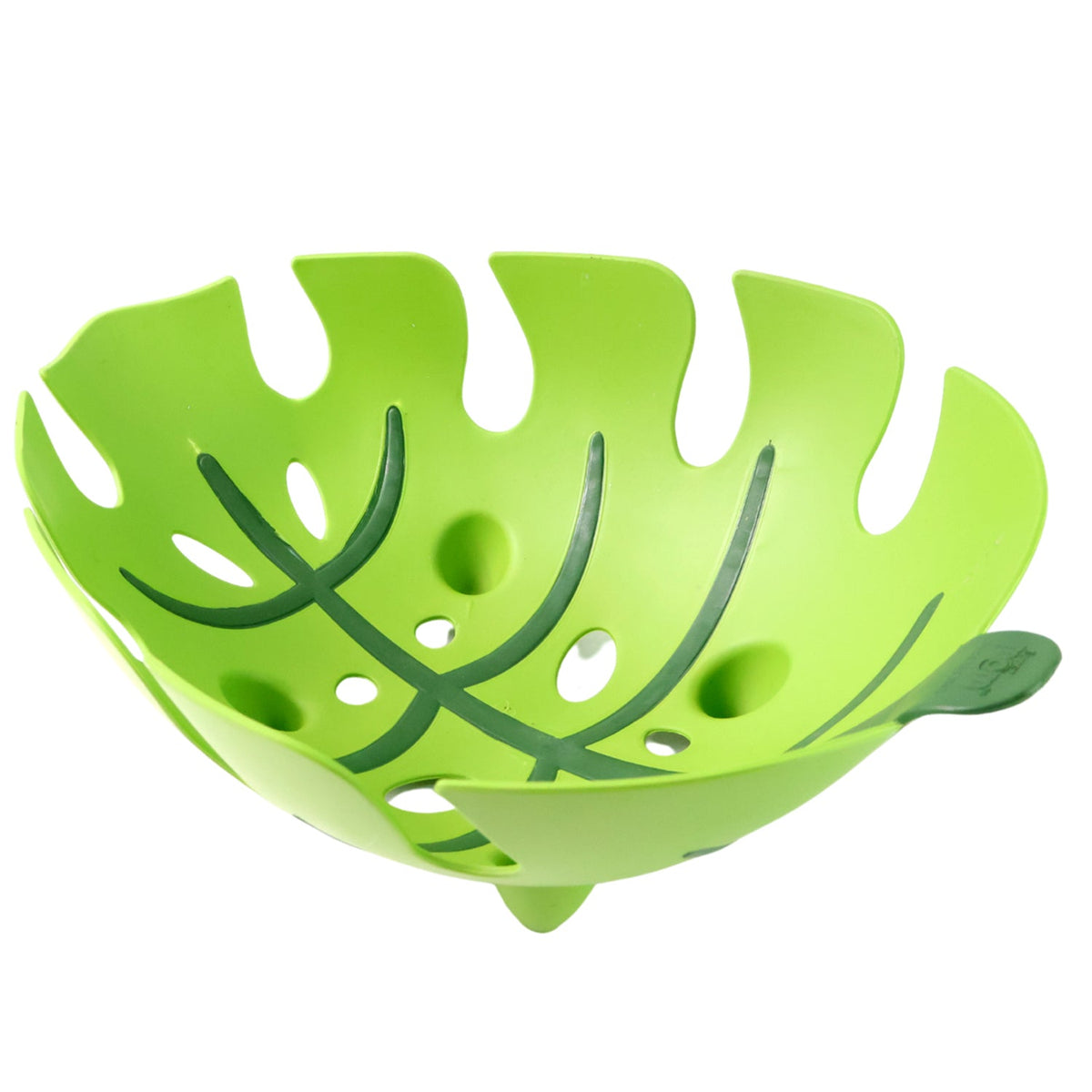 A bright green leaf-shaped plastic fruit basket with dark green vein details on a white background.
