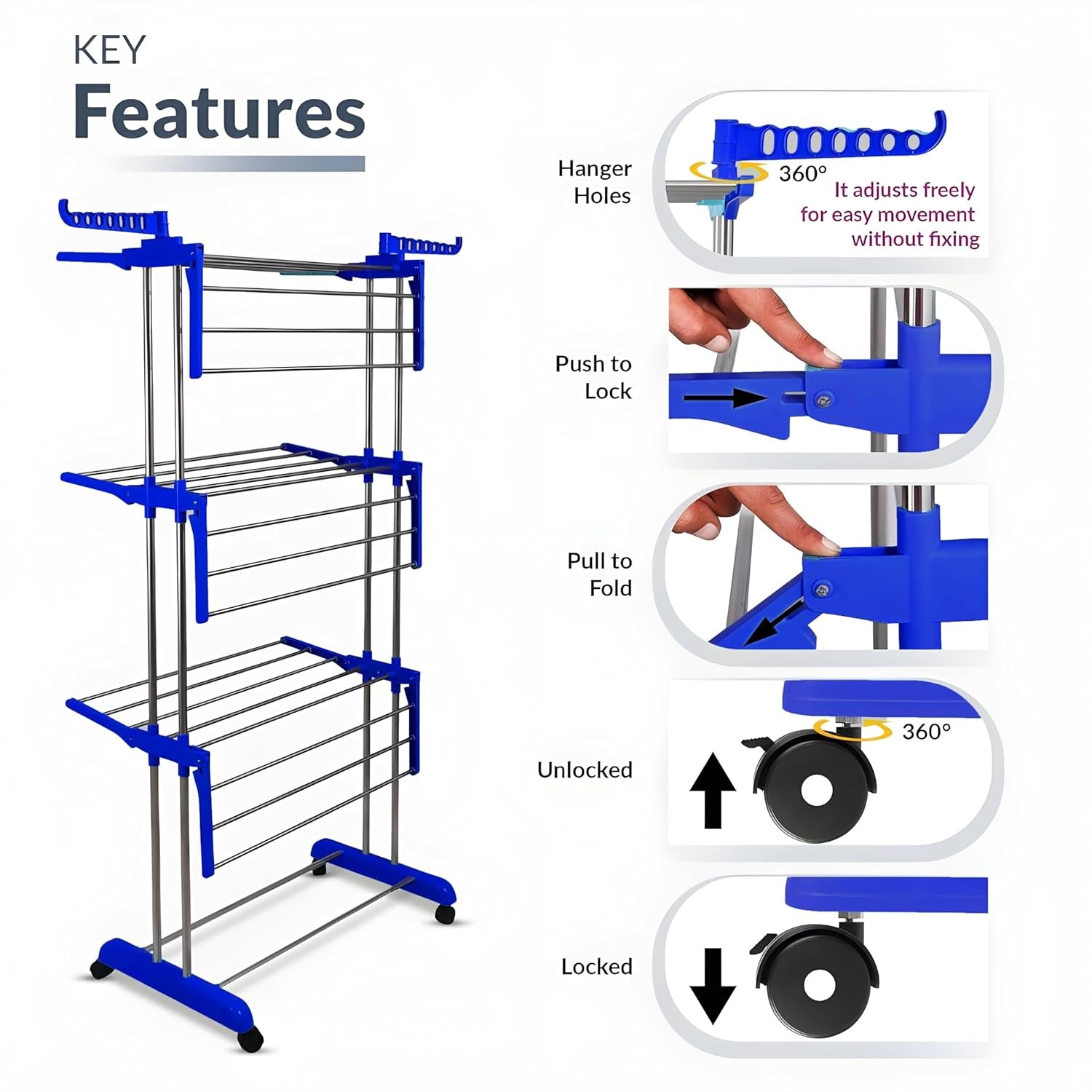 Foldable stainless steel drying rack set up indoors holding garments