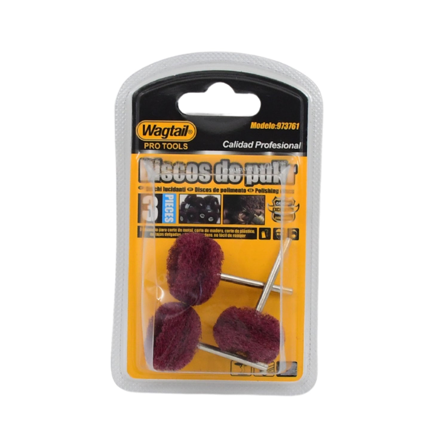A 3-piece set of maroon buffing wheels in clear retail packaging.