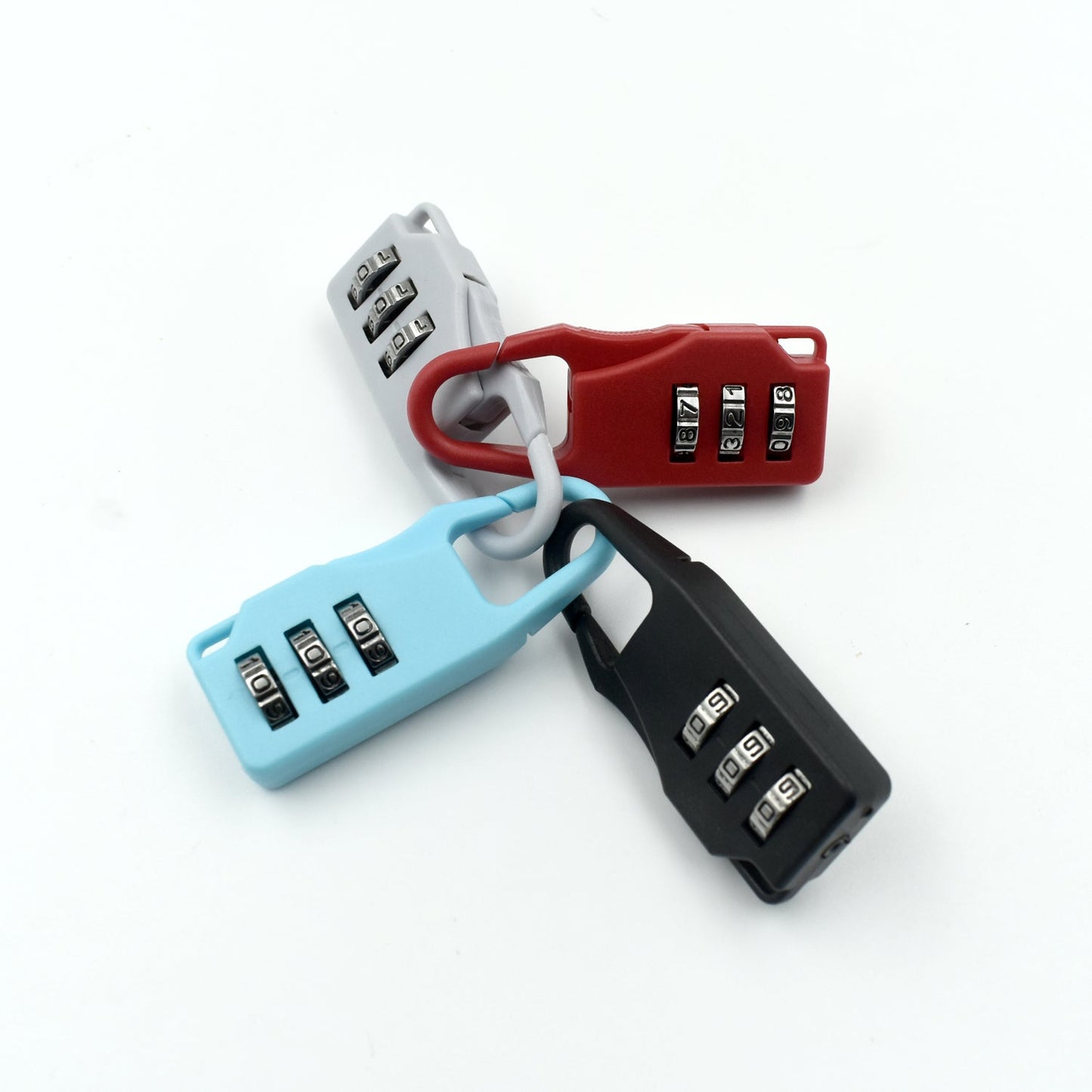 Four 3-digit combination locks in red, light blue, black, and grey, linked together in a circle on a white background.