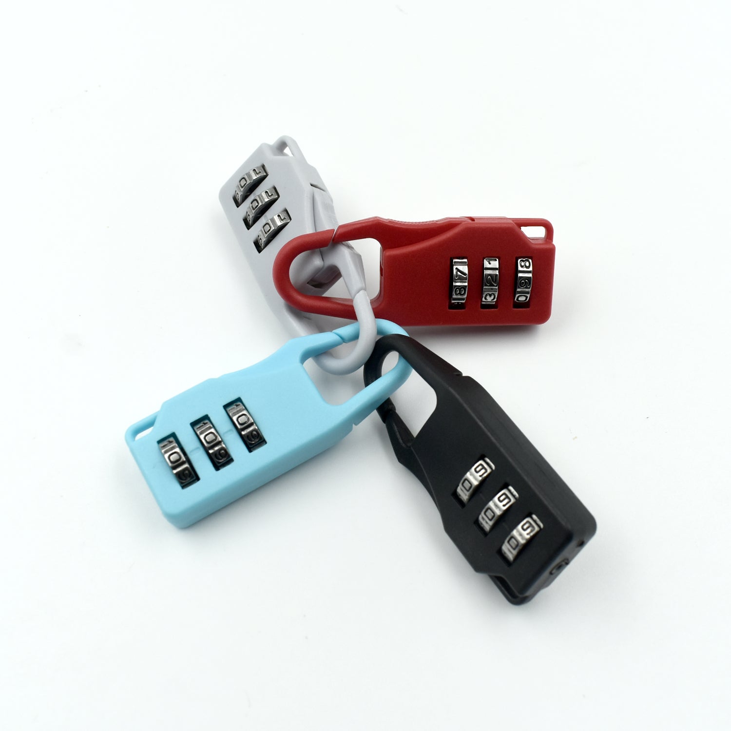 Four 3-digit combination locks in red, light blue, black, and grey, linked together in a circle on a white background.