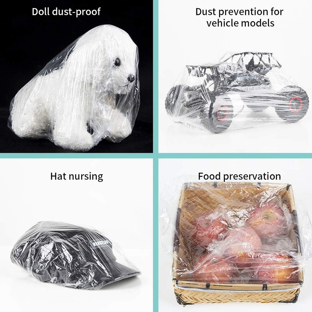A collage of four uses for clear plastic covers: doll dust-proof, vehicle models, hat nursing, and food preservation.