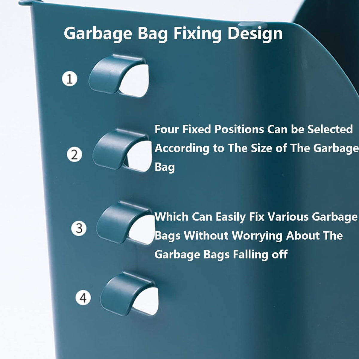 A close-up of the teal holder shows four numbered clips for fixing garbage bags.