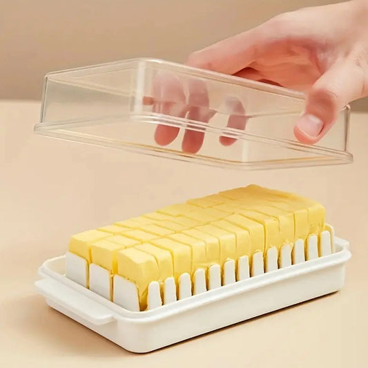 Front view of the transparent Butter Slicer Box by Organivo, ready for use.