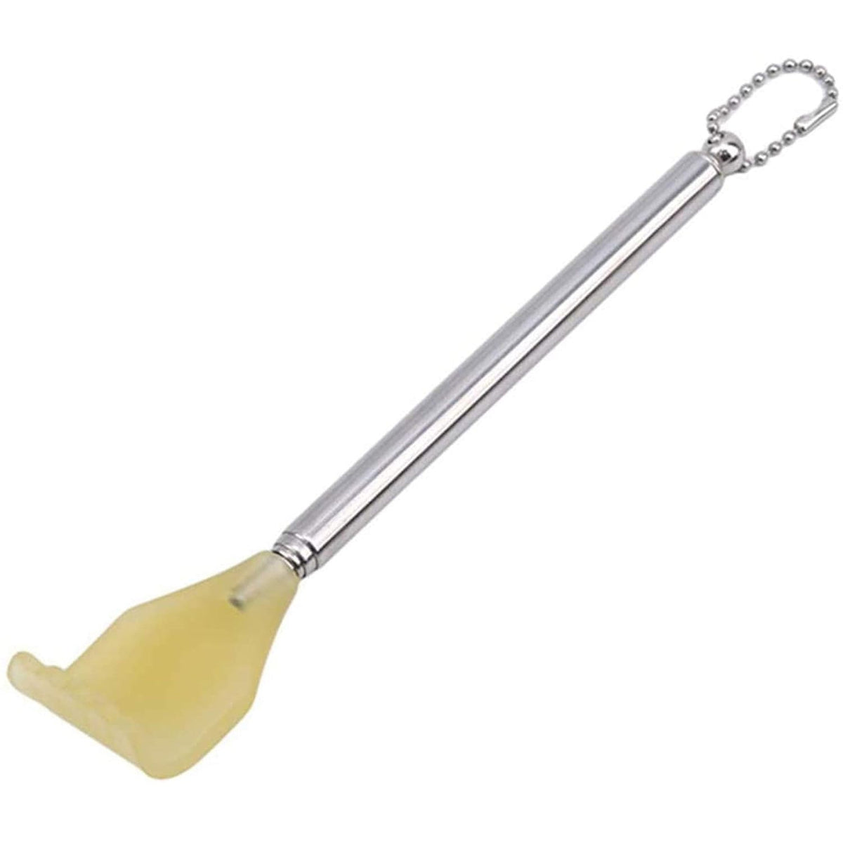 A silver telescoping back scratcher with a yellow hand-shaped head and a silver ball chain attached to the handle.