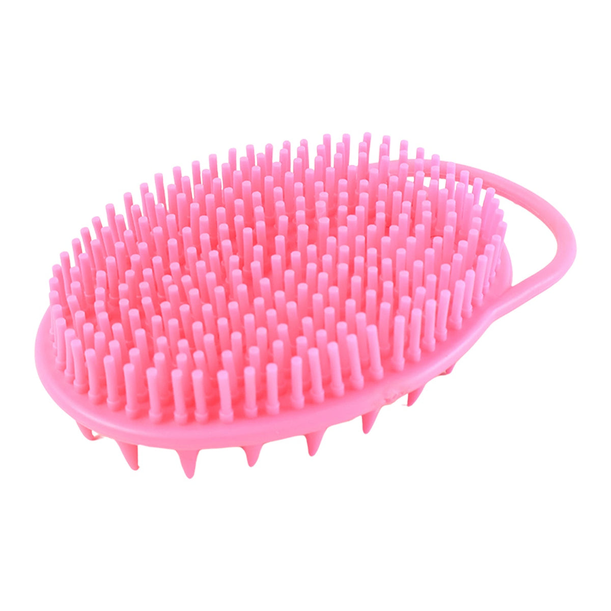 A bright pink silicone body brush with two types of bristles, spiky and soft, is shown on a white background.