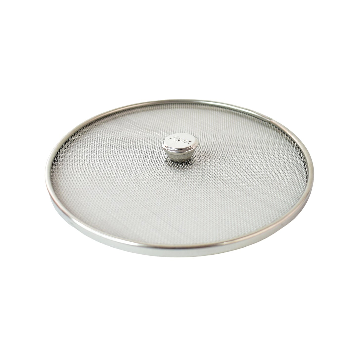 Close-up of ergonomic heat-resistant handle on stainless steel splatter guard