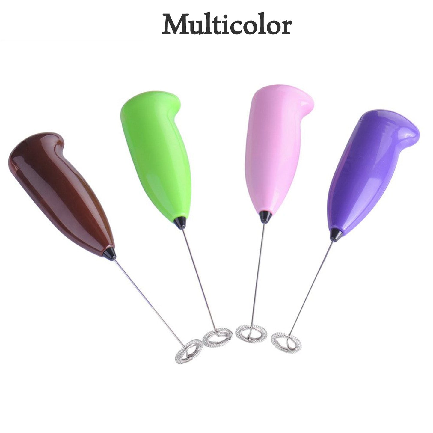 Four frothers in brown, green, pink, and purple are arranged on a white background, labeled