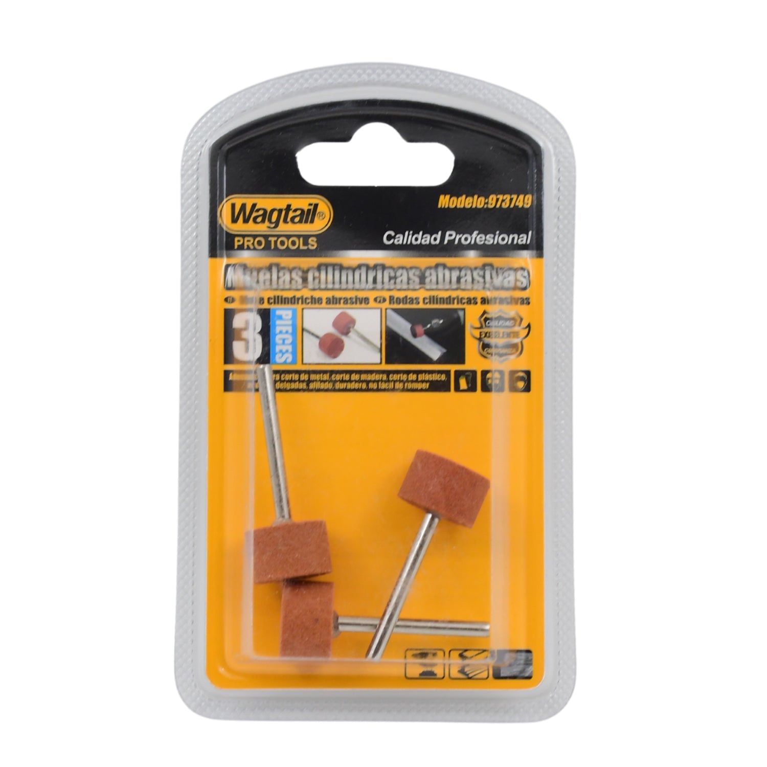 A 3-piece set of cylindrical abrasive grinding wheels in clear blister packaging with yellow branding.