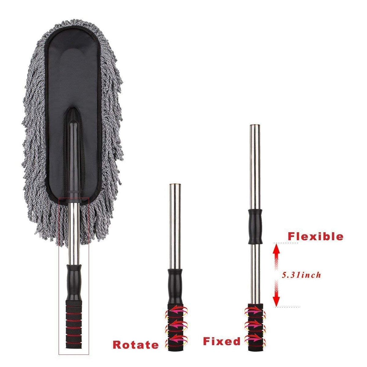 A gray and black microfiber car duster with its handle in fixed and extended positions, showing the 5.3-inch flexible