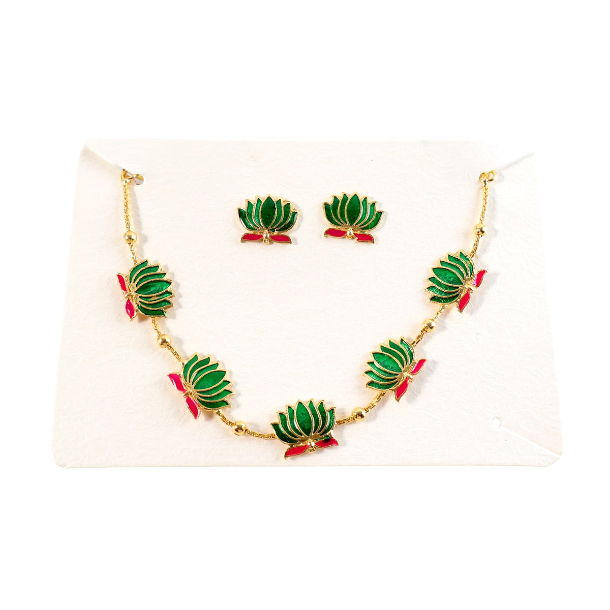 Gold-tone necklace with intricate green lotus enamel charms and matching earrings