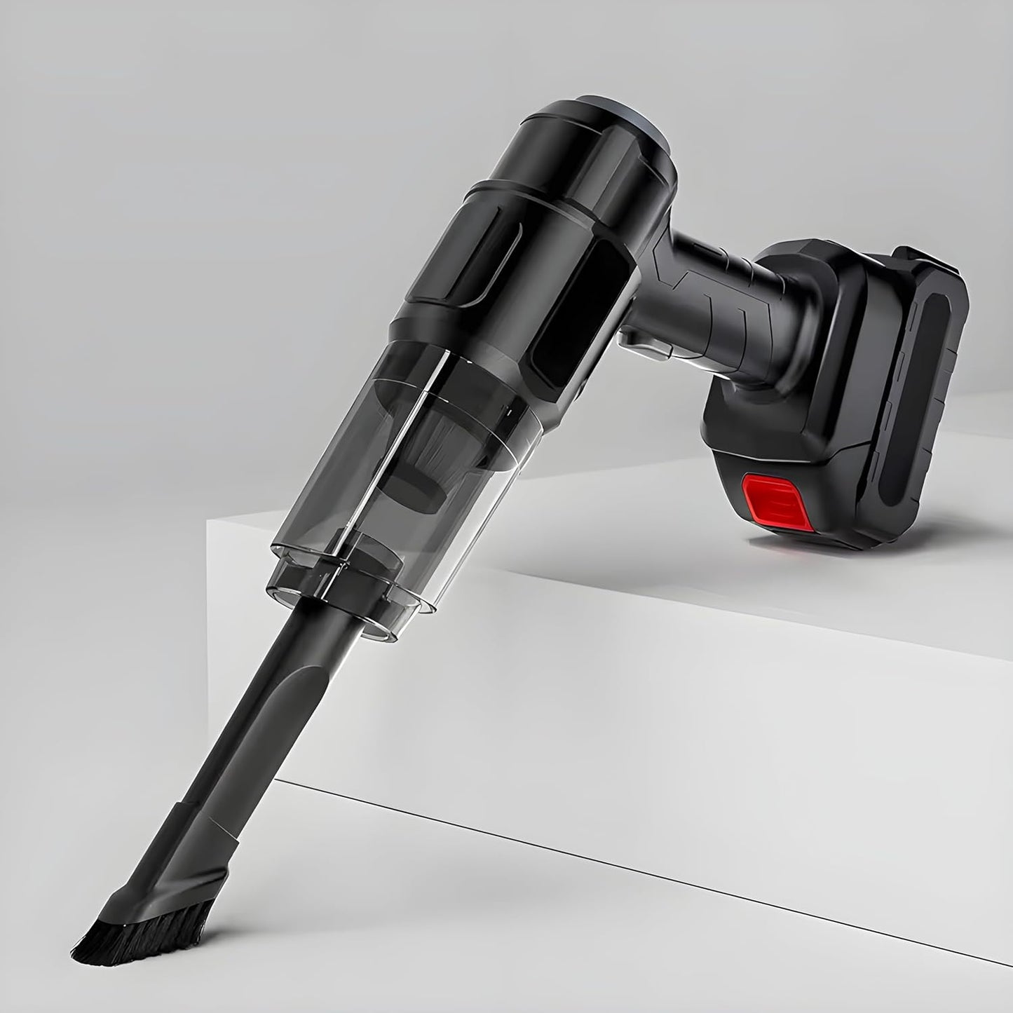Black handheld vacuum cleaner with a brush attachment, angled downwards on a white stepped surface.