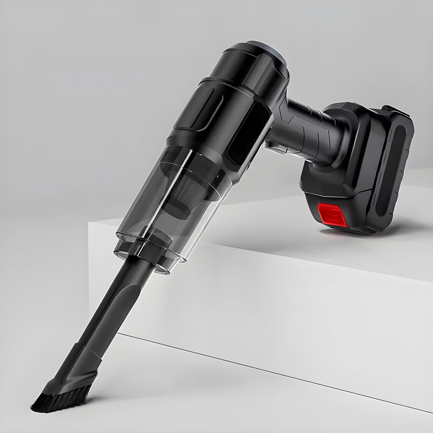 Black handheld vacuum cleaner with a brush attachment, angled downwards on a white stepped surface.