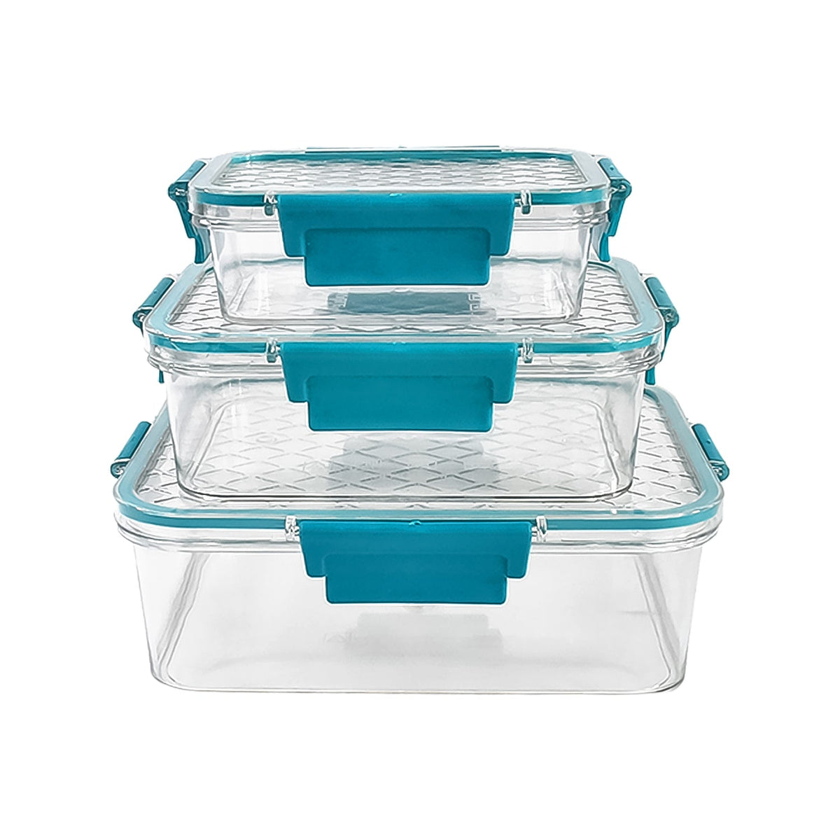 Three clear rectangular food containers with teal locking lids are stacked on a plain white background.