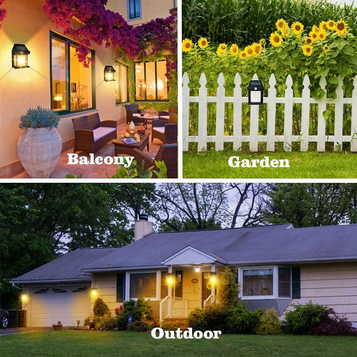 Three scenes show solar lamps: on a balcony wall with purple flowers, on a white picket fence, and illuminating a house