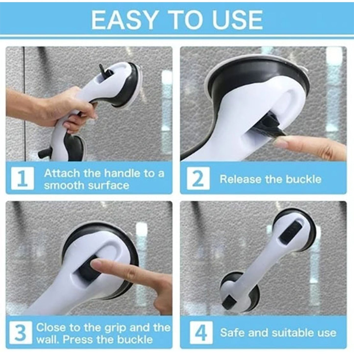 Four step-by-step instructions show how to attach and use the white suction grip handle on a smooth surface.