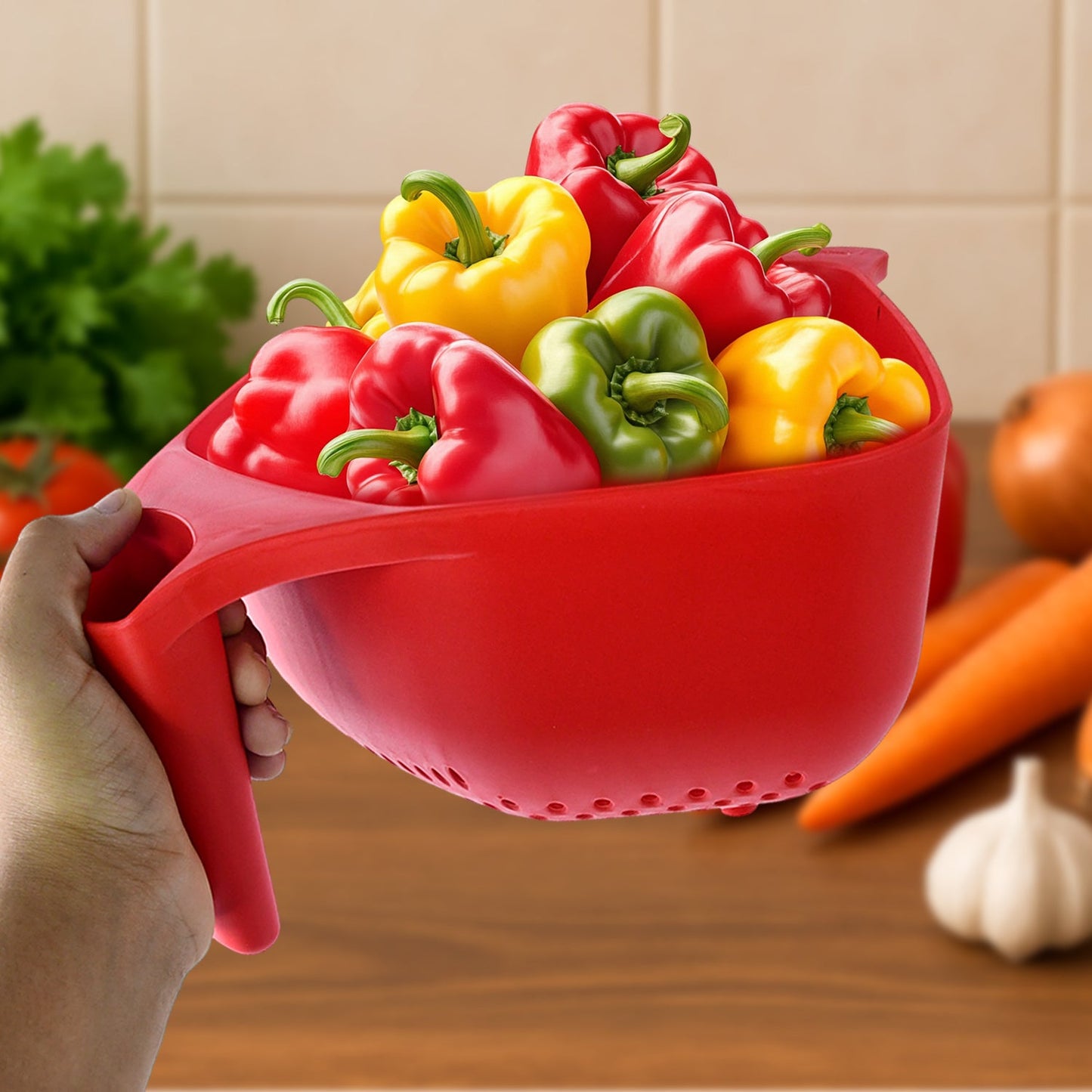 Durable plastic strainer bowl ideal for rinsing fruits and vegetables