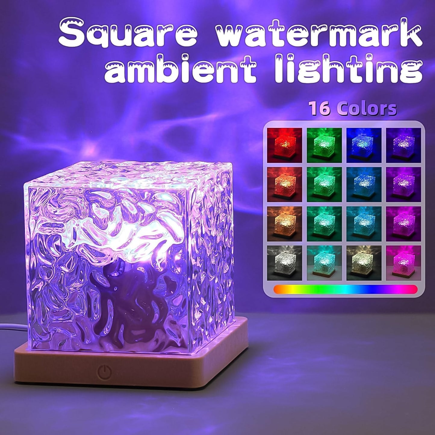 A crystal cube lamp projecting purple ripples, with a grid of 16 different color options shown on the right.