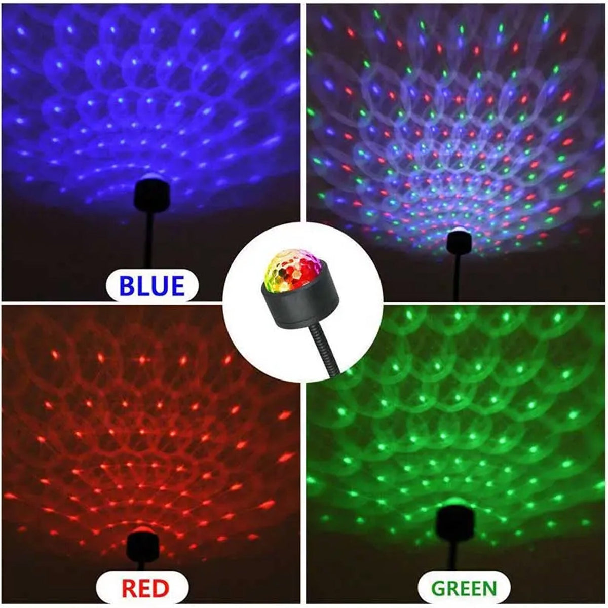 Four square insets display the black USB star projector projecting blue, multi-color, red, and green lights.