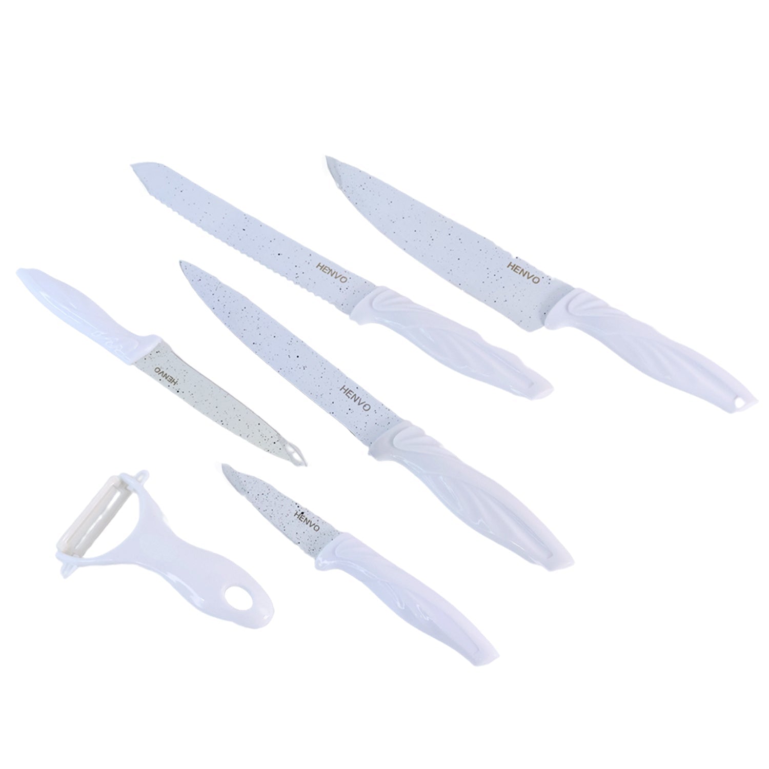 Marble look kitchen knife set with multi-use peeler included