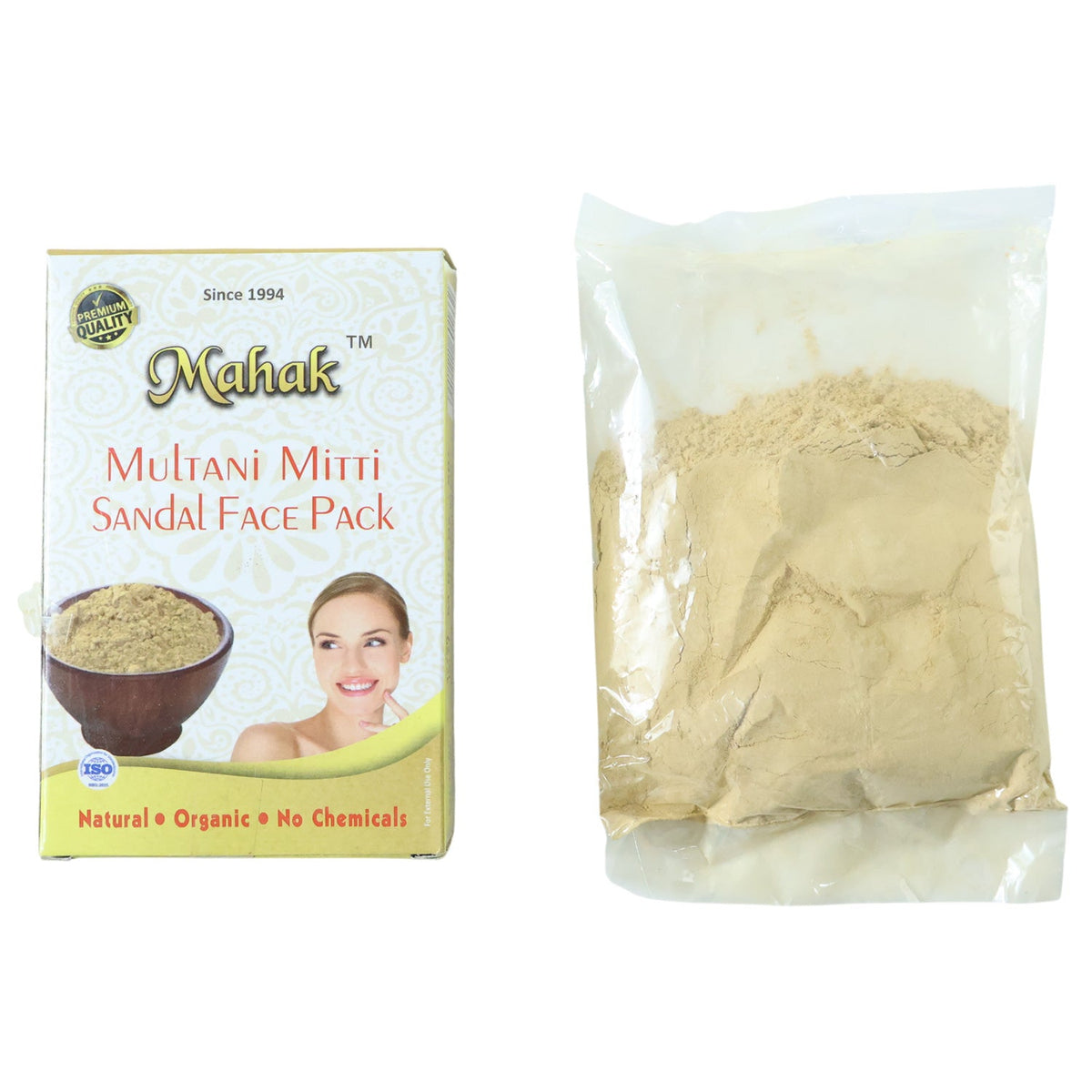 Mahak Multani Mitti Sandal Face Pack box and a clear plastic bag filled with light brown powder on a white background.